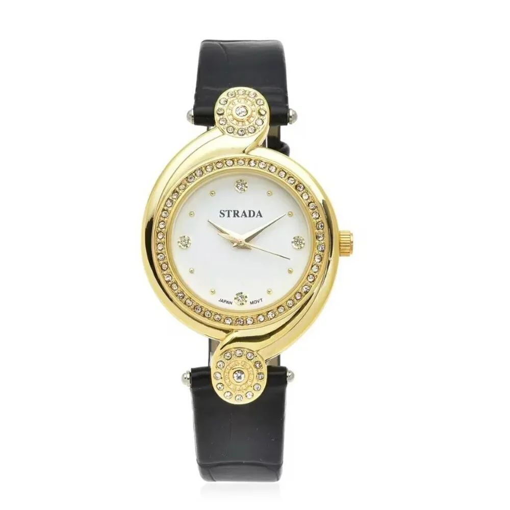 Strada Austrian Crystal Japanese Movement Watch with Black Faux Leather Strap